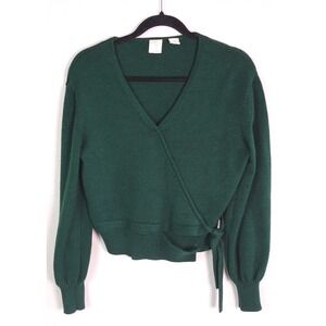 Joie Wrap Sweater Women Size M Green V-Neck Balloon Sleeve Side Tie Knit *NOTE